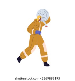 Bombero cargando manguera. Bomberos, bomberos apresurándose, sosteniendo mangueras de fuego, equipos de extinción de incendios. Trabajador del servicio de emergencia que va por ayuda. Ilustración vectorial plana aislada en fondo blanco