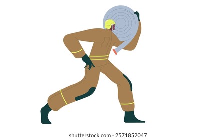 Firefighter carrying hose. Fire fighter, fireman hurrying, holding firehose, firefighting equipment. Emergency service worker going for help. Flat vector illustration isolated on white background.