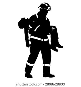Firefighter carrying a rescued casualty vector silhouette isolated on white background