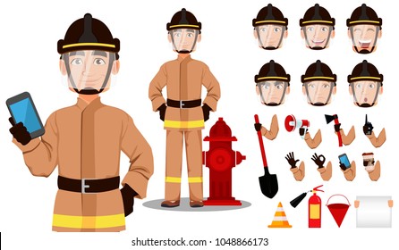 Firefighter cartoon character creation set. Handsome Fireman in in professional uniform and safe helmet. Build your personal design - stock vector