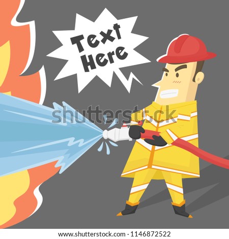 Firefighter cartoon character design trying to stop fire with heavy water jet stream - Vector illustration.