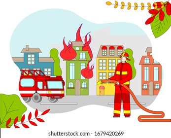 Firefighter cartoon character extinguish fire in burning house, flat style vector illustration. Fireman in uniform, emergency service truck, town house in flame. Brave man with water hose, rescue job