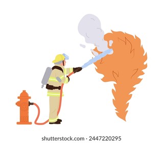 Firefighter cartoon character in uniform putting on fire using hydrant isolated on white background