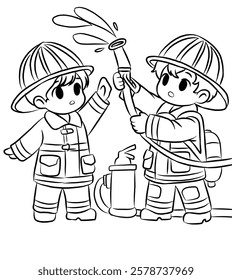 Firefighter cartoon line art for kids. Vector illustration. Coloring book