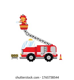 Firefighter cat with a car isolated on white background cartoon vector illustration	