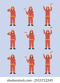 The firefighter celebrating Indonesia independence day set collection vector illustration