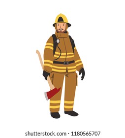 Firefighter character with an axe. Colorful flat vector illustration. Isolated on white background.