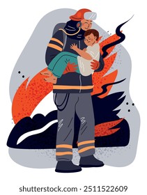 Carácter de bombero. Valiente bombero apagando fuego. Extintor que rescata al niño del peligro de la llama ardiente. Uniforme de protección. Brigada de emergencia del Profesional. Vector