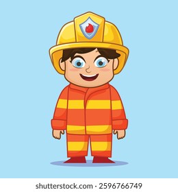 Firefighter Character chibi cute boy with smiling face wearing safety helmet and heat resistant jacket vector illustration in 2d cartoon style. perfect for design asset or sticker fireman