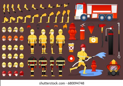 Firefighter Character Creation Constructor. Man in Different Poses. Male Person with Faces, Arms, Legs, Hairstyles. Vector illustration
