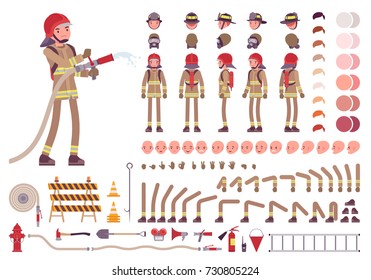 Firefighter character creation set. Full length fireman, different views, emotions, gestures, professional tools and attributes. Build your own design. Vector illustration