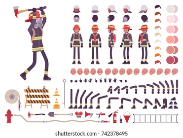 Firefighter character creation set. Full length, different views, emotions, gestures, equipment for firemen to combat fire. Build your own design. Vector illustration