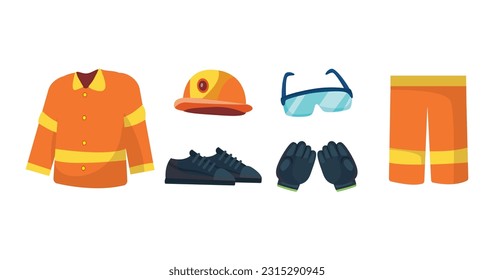 Firefighter character with fire fighting equipment and tools. Fireman uniform.
