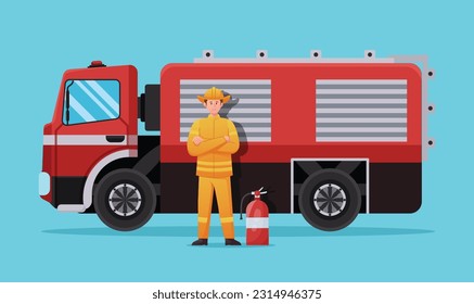 Feuerwehrcharakter mit Feuerwehrwagen, Vektorgrafik