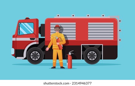Firefighter character with Fire truck vector illustration