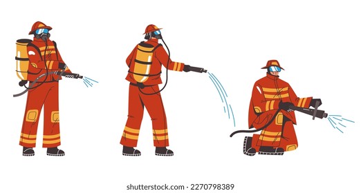 Firefighter character fireman equipment instrument safety uniform isolated set. Vector graphic design element illustration
