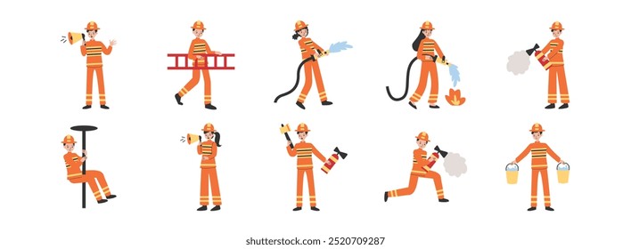 Conjunto de ilustración plana de personaje de bombero. Incluir de emergencia, seguridad, rescate, casco, y extinguir. Ilustración vectorial aislada fondo transparente