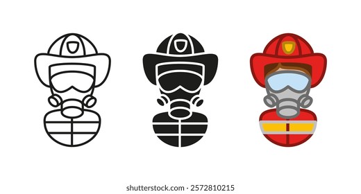 Firefighter character icon. Fireman uniform vector illustration. Fire department symbol. Emergency service profession avatar. Fire station rescue man silhouette. Extinguisher fireman profession sign.