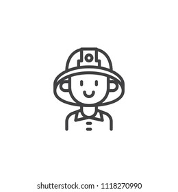 Firefighter character outline icon. linear style sign for mobile concept and web design. Fireman portrait simple line vector icon. Symbol, logo illustration. Pixel perfect vector graphics