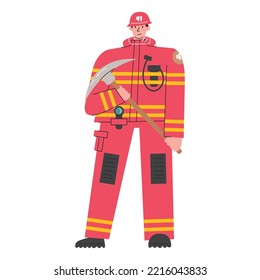 Firefighter character in red uniform holding pickaxe. Male fireman with full preparation isolated on white. Emergency service with professional worker. Hand drawn personage flat vector illustration