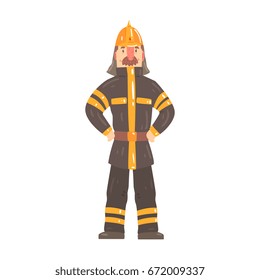 Firefighter character in safety helmet and protective suit standing cartoon vector Illustration