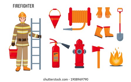 Firefighter character and set of fire extinguishing equipment and tools for his work. Fireman profession concept. Vector icons illustrations isolated on white background.