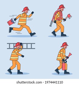 firefighter character set. Fireman extinguishing fire set isolated on white background. Flat cartoon character of firefighter. 