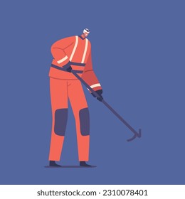 Firefighter Character In Uniform Ready To Respond To Emergency With Courage And Determination, Equipped With Tool