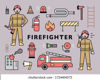 Firefighter character and various fire fighting equipment. flat design style minimal vector illustration.