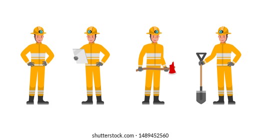 Firefighter character vector design. Presentation in various action.