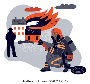 Personajes de bomberos. Valiente bombero apagando fuego. Trabajadores de emergencia con manguera de hidrante. La casa en llamas. Los extintores rescatan a la gente. Brigada del Profesional. Vector