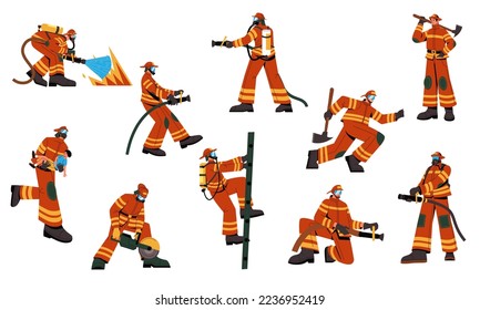 Firefighter characters. Cartoon fireman in uniform with rescue equipment, emergency worker with fire extinguisher hose bucket ax. Vector isolated set. Dangerous occupation, people putting out fire