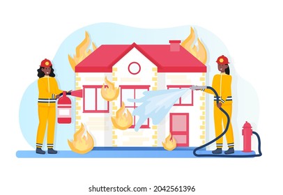 Firefighter Characters concept. Women in protective suits extinguish fire in house with water and foam. Dangerous noble profession. Cartoon flat vector illustration isolated on white background