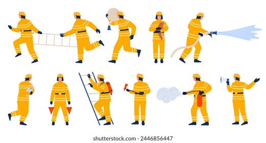 Firefighter characters with different firefighting equipment set. Fireman in uniform and helmet spraying water from fire hydrant hose, use fire extinguisher and ladder cartoon vector illustration