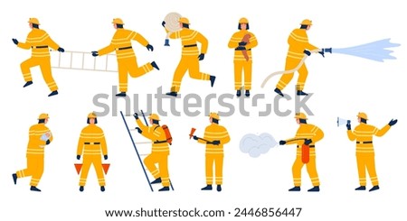 Firefighter characters with different firefighting equipment set. Fireman in uniform and helmet spraying water from fire hydrant hose, use fire extinguisher and ladder cartoon vector illustration