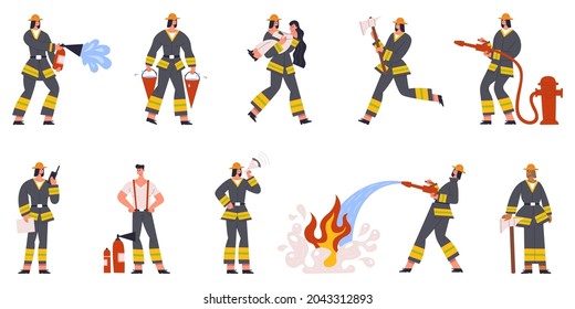 Firefighter characters emergency service watering fire and save people. Firefighting situations vector illustration set. Firefighters in action poses. Firefighter profession cartoon, occupation rescue