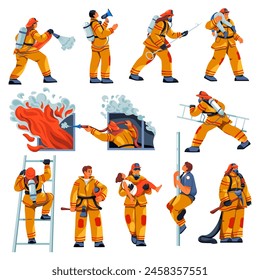 Firefighter characters. Firefighters people in firemen uniform with rescue equipment, professional fireman occupation fire fighter emergency department, vector illustration of character firefighter