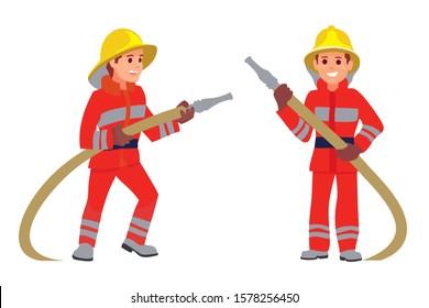 Firefighter Characters  in Helmets with fire hydrants, hose put out fire. Fireman.