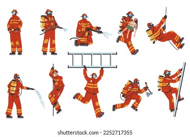 Firefighter characters maskot isolated set. Fireman workers wearing uniform. Rescue equipment and emergency work concept. Vector cartoon graphic design element illustration