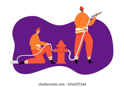 Firefighter Characters with Rescue Equipment. Firefighting Emergency Concept with Fireman in Action. Firefighters in Helmet with Extinguisher. Vector flat illustration