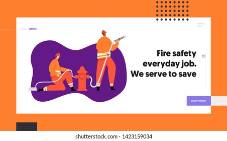 Firefighter Characters with Rescue Equipment. Firefighting Emergency Concept with Fireman in Action. Firefighters in Helmet with Extinguisher. Vector flat illustration