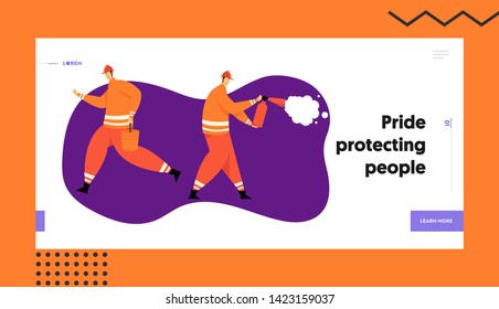 Firefighter Characters with Rescue Equipment. Firefighting Emergency Concept with Fireman in Action. Firefighters in Helmet with Extinguisher and Bucket. Vector flat illustration