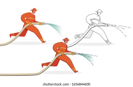 Firefighter Characters with Rescue Equipment. Firefighting Emergency Concept with Fireman in Action. Fire Hydrant. Vector flat illustration