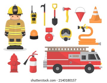 Firefighter Characters with Rescue Equipment. Firefighting and fire safety equipment illustration for extinguishing fires in various situations. Vector illustration character flat design.