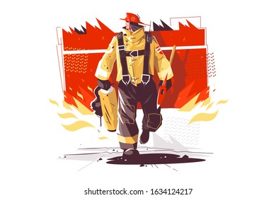 Firefighter characters with rescue equipment vector illustration. Burning building behind brave man in protective helmet cartoon design. Emergency concept