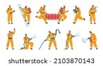 Firefighter characters in uniform, firemen with firefighting equipment. Firefighters saving child, putting out fire using hose vector set. Emergency service with professional workers
