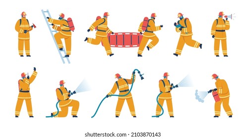 Personajes de bomberos con uniforme, bomberos con equipo de extinción de incendios. Los bomberos salvan a los niños, apagan el fuego usando el conjunto de vectores de mangueras. Servicio de emergencia con trabajadores profesionales