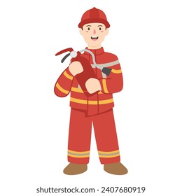 Personajes de bomberos en uniforme, bomberos con equipo de extinción de incendios