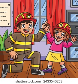 Firefighter and Child Colored Cartoon Illustration