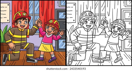 Firefighter and Child Coloring Page Illustration
